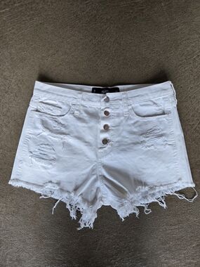 Hollister White Distressed Button-Front Denim Shorts